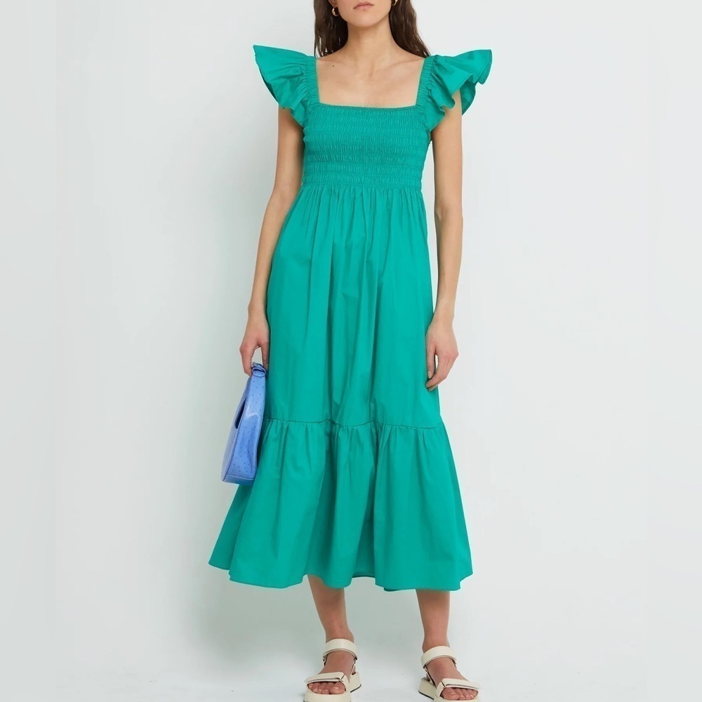 Opt / Tuscany Kelly green smocked tiered ruffle sleeve maxi dress small s